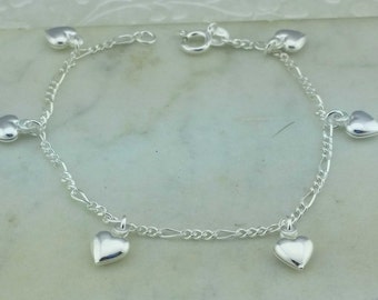 Sterling Silver Hearts Charm Bracelet, Silver Bracelet whit Heart Charm, Silver Heart Slave, Silver Hear Bracelet, Esclava Corazon Colgantes