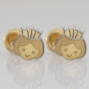 14k Princess Stud Earrings, 14k Gold Princess Earrings, Little Princess Earrings,  Princess Crown Gold Stud Earring, Cute Baby Earrings