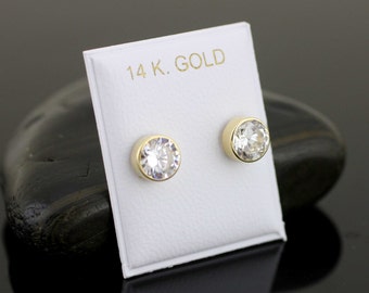 7mm Round Cubic Zirconia, 14K Gold Stud Earrings Bezel, 14K Yellow Gold Bezel Stud 7mm CZ Screw Back Earring, 14K Gold Bezel Stud