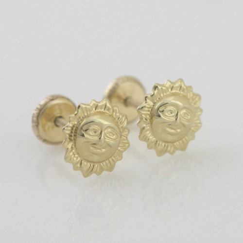 14k Gold Sun Stud Earrings 14k Celestial Stud Earrings Sun Etsy