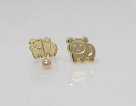 Boucles D'oreilles Clous Ours En Peluche - CZ, Or Jaune 14 Carats, 17 Mm - Neuf Sans Emballage