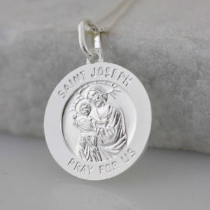 Silver Saint Joseph Necklace, Sterling Silver Antiqued Saint Joseph Medal, St Saint Joseph with Child Jesus Pray for Us Medal, San Jose