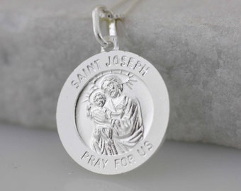 Zilveren Sint-Jozefketting, sterlingzilver antieke Sint-Jozefmedaille, Sint-Jozef met kind Jezus bid voor ons, medaille, San Jose