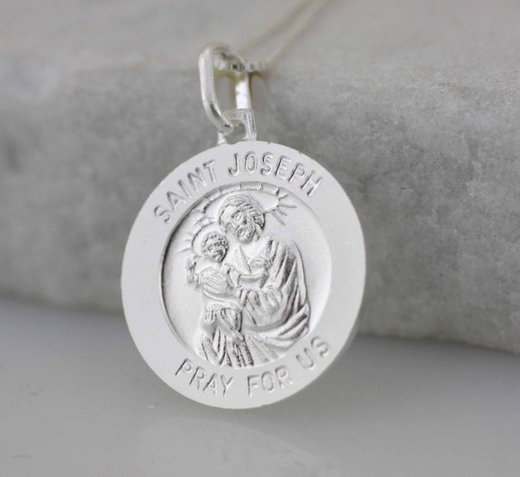 Silver Saint Joseph Necklace, Sterling Silver Antiqued Saint Joseph Medal, St Saint Joseph with Child Jesus Pray for Us Medal, San Jose