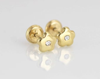 Flower 14k Gold Stud Earrings, 14k Flower Stud Earring, Rose Stud Earrings, 14k Small Flower Screw Back Earrings, Baby Earrings, 14k Cz Stud