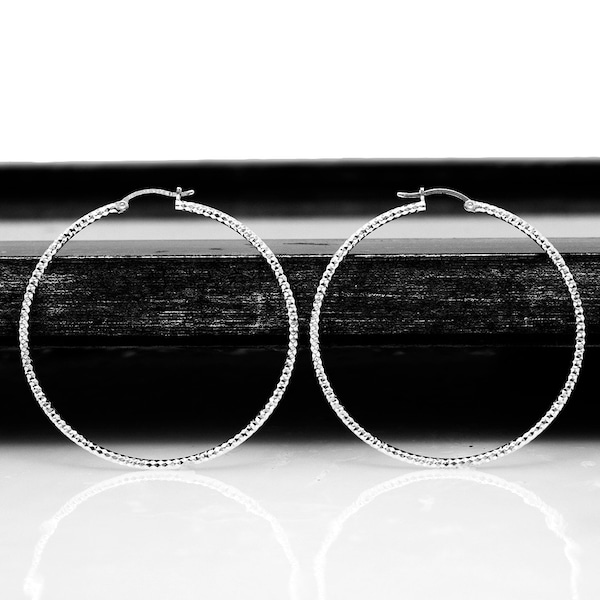 Orecchini a cerchio rotondi con taglio a diamante in argento sterling, orecchini a cerchio in argento sterling da 50 mm, orecchini a cerchio grandi in argento, orecchini per bambina
