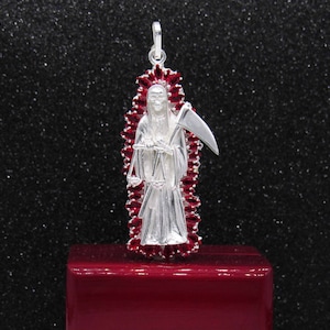 Silver Grim Reaper Necklace, Silver Solid Santa Muerte Necklace, Extra Large Holy Death Necklace, Silver Santa Muerte With Red CZ