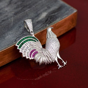 Large Sterling Silver Rooster Necklace, Silver Mexican Rooster Necklace,  Large Gallo Necklace, Silver Large Rooster with Mexican Flag,