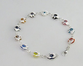Evil Eye Bracelet, Sterling Silver Evil Eye Chain Bracelet, Silver Elephant Charm Bracelet, Multi Evil Eye Bracelet, Protection Bracelet