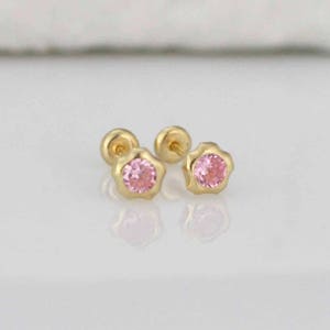 14K フラワー ゴールド ベゼル、スタッド 3 mm、CZ スクリュー バック イヤリング、14k CZ ベビー イヤリング、14k ベゼル 3 mm CZ スタッド イヤリング、14K スタッド ベビー イヤリング
