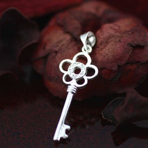Sterling Silver Key Necklaces, Flower Key Necklace, Victorian Key Necklace, Key of my Heart Necklace, Silver Key Necklaces, Flower Key Charm