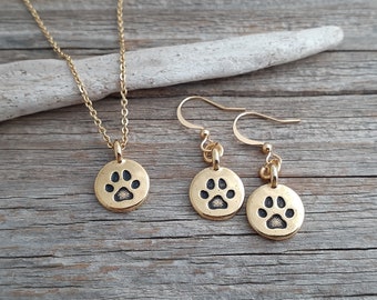 Matching Everyday Paw Print Earrings and Necklace Set Gold, Paw Print Jewelry, Paw Necklace,Dog Mom Necklace,Dog Mom Gift, Pet Memorial Gift