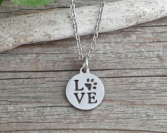 Love Paw Print Necklace Stainless Steel, Paw Print Jewelry, Paw Necklace, Dog Mom Necklace, Dog Lover Gift, Dog Mom Gift, Pet Memorial Gift