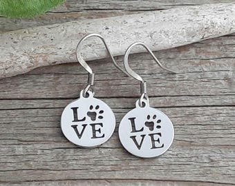 Love Paw Print Earrings Stainless Steel / Paw Print Jewelry /Dog Lover Jewelry/Dog Paw Earrings/Gift for Dog Lover/Dog Mom Gift/Pet Earrings
