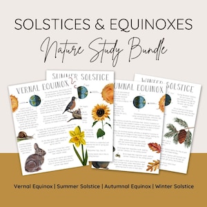 May include: A set of four printable educational posters about the solstices and equinoxes. Each poster features a colorful illustration of the Earth, a relevant animal, and a plant. The posters include text explaining the astronomical events and their impact on nature.