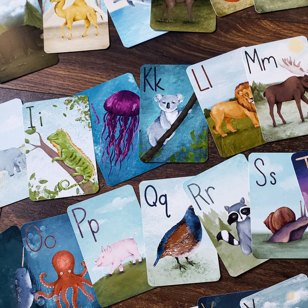 Animal Alphabet Card Set, ABC Flashcards, Educational Gift, Nursery Decor, Woodland Alphabet Cards, Watercolor Animal Cards