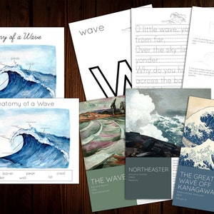 Puede incluir: Un conjunto de imprimibles educativos sobre las olas, que incluyen ilustraciones de olas, un diagrama de la anatomie de una ola y un poema sobre las olas. Los imprimibles también incluyen instrucciones sobre cómo dibujar una ola. Los imprimibles están sobre una superficie de madera.