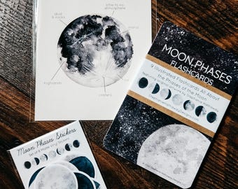 Mondphasen Bündel - Mondphasen Karteikarten + 13x18cm Mond Kunstdruck + Mondphasen Sticker Pack