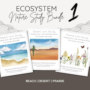 May include: An Ecosystem Nature Study Bundle 1, featuring three unit studies: Beach, Desert, and Prairie. Each study incorporates science, math, social studies, and literature. The Beach study shows a beach scene, the Desert study a cactus, and the Prairie study wildflowers.