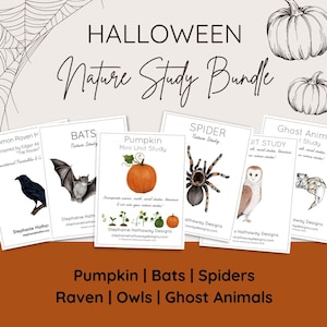 May include: A Halloween Nature Study Bundle with illustrations of a pumpkin, bat, spider, raven, owl, and ghost animal. The text on the cards reads "Pumpkin Mini Unit Study", "Bats Nature Study", "Spider Nature Study", "Ghost Animal Study", and "Owl Study".