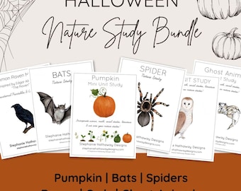 Puede incluir: Un paquete de estudio de la naturaleza de Halloween con ilustraciones de una calabaza, un murciélago, una araña, un cuervo, un búho y un animal fantasma. El texto en las tarjetas dice "Pumpkin Mini Unit Study", "Bats Nature Study", "Spider Nature Study", "Ghost Animal Study" y "Owl Study".