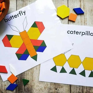 May include: A printable worksheet with two geometric shape puzzles. The first puzzle is a butterfly made of yellow, orange, green, and blue shapes. The second puzzle is a caterpillar made of yellow and green shapes. The worksheet includes the words "butterfly" and "caterpillar".