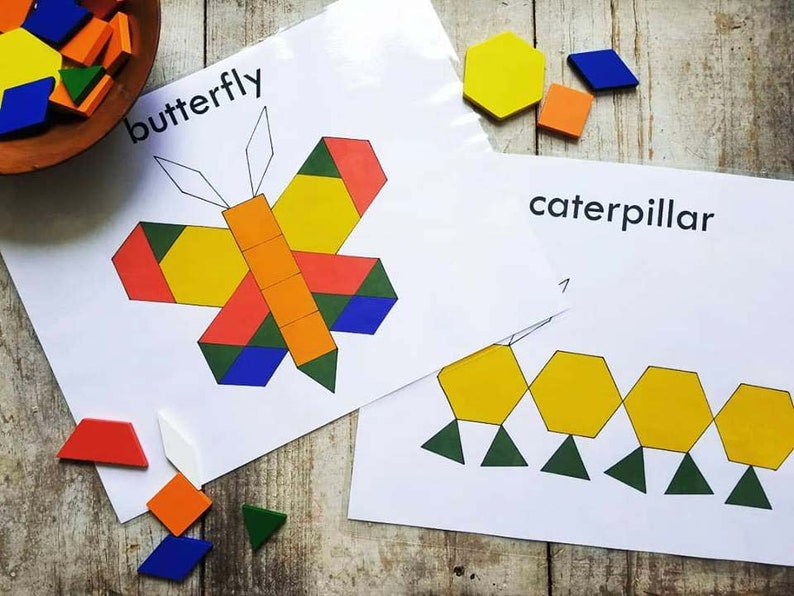 May include: A printable worksheet with two geometric shape puzzles. The first puzzle is a butterfly made of yellow, orange, green, and blue shapes. The second puzzle is a caterpillar made of yellow and green shapes. The worksheet includes the words "butterfly" and "caterpillar".