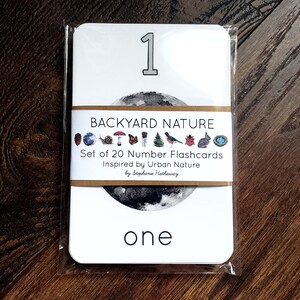 May include: A white flashcard with a black and white illustration of a moon. The number "1" is printed in black at the top of the card. The text "BACKYARD NATURE" is printed in brown on a tan background. The text "Set of 20 Number Flashcards Inspired by Urban Nature by Stephanie Hathaway" is printed in black on a tan background. The word "one" is printed in black at the bottom of the card.
