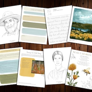 Puede incluir: Un conjunto de hojas de trabajo imprimibles para ilustrar poesía. Las hojas de trabajo presentan ilustraciones en blanco y negro de poetas famosos, entre ellos Emily Dickinson y Henry Wadsworth Longfellow. Las hojas de trabajo también incluyen poemas de estos poetas, como "The Bee is Not Afraid of Me" y "Fable".