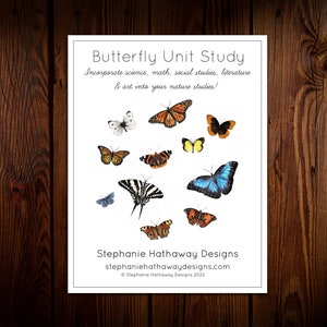 K&ouml;nnte beinhalten: Ein druckbares Arbeitsblatt mit dem Text "Butterfly Unit Study" und einer Vielzahl von bunten Schmetterlingsillustrationen. Der Text unter dem Titel lautet "Incorporate science, math, social studies, literature & art into your nature studies!" und "Stephanie Hathaway Designs stephaniehathawaydesigns.com &copy; Stephanie Hathaway Designs 2022".