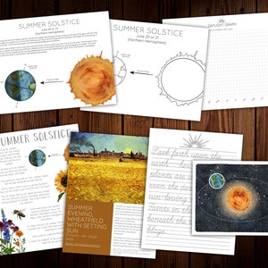 May include: A set of printable educational worksheets about the summer solstice. The worksheets include illustrations of the Earth and the Sun, a graph for tracking daylight hours, and a writing prompt about the summer solstice. The worksheets are designed for children to learn about the summer solstice and its effects on the Earth.
