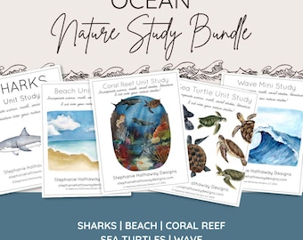 May include: A set of five printable ocean-themed unit study resources. Each page features a watercolor illustration of a different ocean animal, including sharks, sea turtles, coral reefs, a beach, and a wave. The text on each page reads "Incorporate science, math, social studies, literature, and art into your nature studies!"