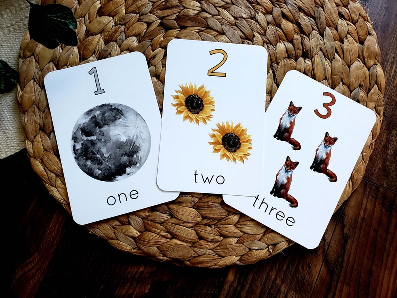 May include: Three white cards with numbers 1, 2, and 3. The card with the number 1 has a black and white moon. The card with the number 2 has two yellow sunflowers. The card with the number 3 has three brown foxes. The cards also have the words "one", "two", and "three" written on them.