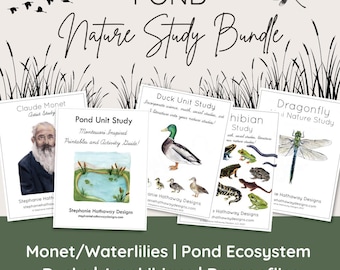 May include: A set of printable nature study guides for kids featuring a pond ecosystem. The guides include illustrations of water lilies, ducks, dragonflies, and amphibians. The guides are Montessori inspired and include activities and printables.