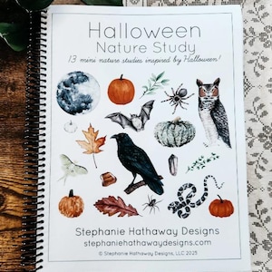 May include: A spiral-bound notebook titled "Halloween Nature Study" with illustrations of a full moon, pumpkins, a bat, spider, owl, and other Halloween-themed nature elements. The cover also includes the text "13 mini nature studies inspired by Halloween!"