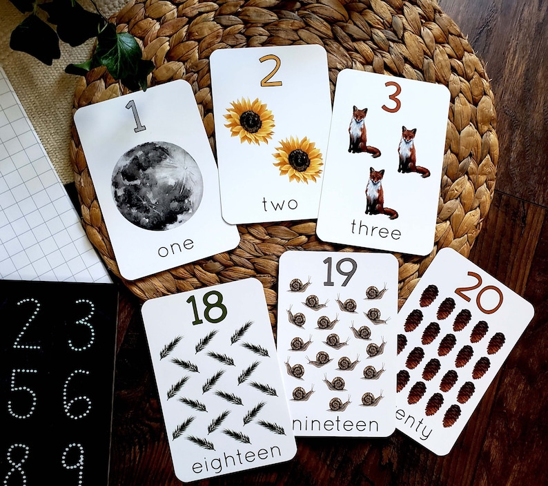 May include: A set of 10 flashcards with numbers 1 through 20. Each card features a different illustration, such as a moon, sunflowers, foxes, snails, and pine cones.
