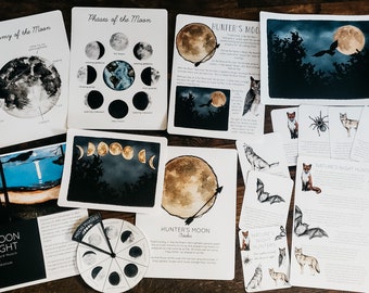 Puede incluir: Un conjunto de tarjetas educativas sobre la luna y sus fases, con ilustraciones de la luna, animales y naturaleza. Las tarjetas incluyen texto sobre la Luna del Cazador, los cazadores nocturnos de la naturaleza y la anatomía de la luna.