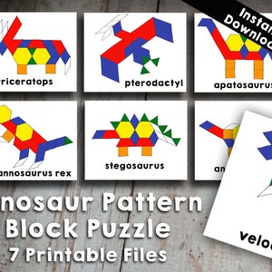 7 Dinosaur Pattern Block Tangram Puzzles Printable Digital Download