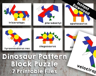 7 Dinosaur Pattern Block Tangram Puzzles Printable Digital Download