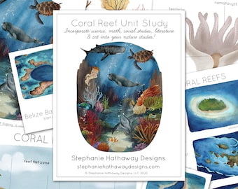 May include: A colorful illustration of a coral reef ecosystem with various marine life, including a dugong, a turtle, a shark, and a clownfish. The illustration is surrounded by text that reads "Coral Reef Unit Study" and "Incorporate science, math, social studies, literature & art into your nature studies!"