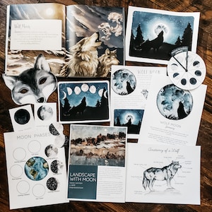 May include: A set of educational printables featuring watercolour illustrations of wolves and the moon. The set includes a moon phase chart, a wolf anatomy diagram, and a landscape with moon illustration. The text on the printables includes "Wolf Moon January" and "Landscape with Moon".