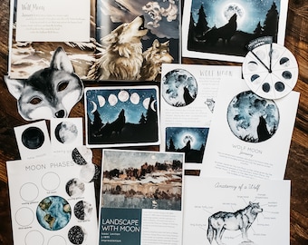 Puede incluir: Un conjunto de imprimibles educativos con ilustraciones de acuarela de lobos y la luna. El conjunto incluye un gráfico de fases lunares, un diagrama de anatomía del lobo y una ilustración de paisaje con la luna. El texto en los imprimibles incluye "Wolf Moon January" y "Landscape with Moon".