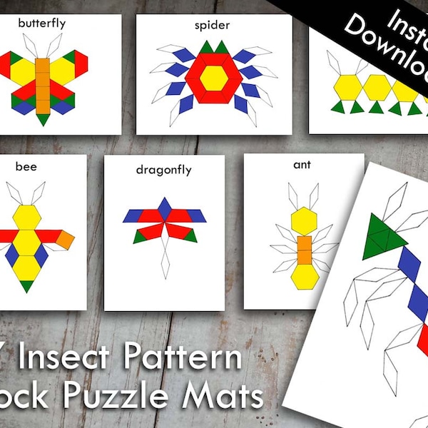 7 Insect Bug Pattern Block Tangram Puzzles Printable Digital Download