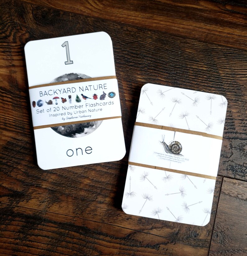 May include: A set of 20 number flashcards featuring illustrations of backyard nature. The card shown is number one with a black and white illustration of the moon and the word "one" printed below. The back of the card features a white background with a repeating pattern of dandelion seeds.