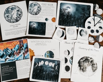Puede incluir: Un conjunto de tarjetas educativas y una rueda giratoria que ilustra las fases de la luna. Las tarjetas presentan ilustraciones de acuarela de la luna y texto sobre la luna fría, el solsticio de invierno y la anatomie de la luna.