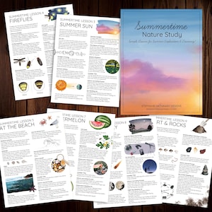 Peut inclure: Ensemble de matériel pédagogique pour une étude de la nature estivale. L'image présente un livre intitulé "Summertime Nature Study" et plusieurs fiches de cours sur les lucioles, le soleil, la plage, la pastèque et les roches.