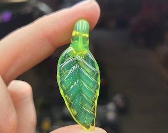 Color Changing Glass Leaf Pendant | Green to Peach in CFL Light | 1.5" Hand Blown Leaf Necklace | Suede Cord | Nature Jewelry