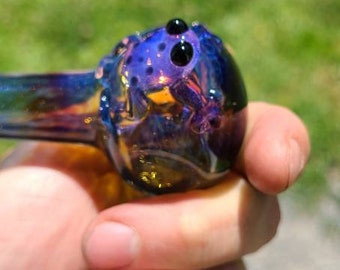 Spotted Purple Frog Pipe / Green Striking Purple Frit Glass / Glass Smoking Bowl