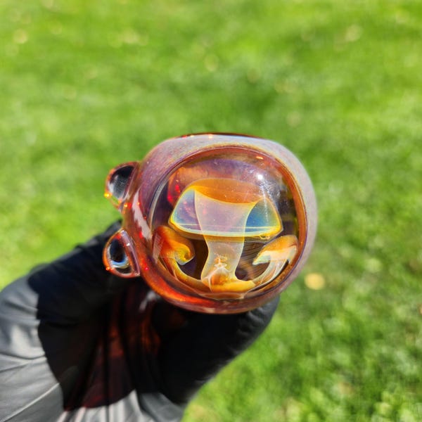 Amber Purple Frit Glass Pipe with Triple Mushroom Implosion – 4” Hand Pipe, Dot Accent, Unique Bowl Art, Ambers to Purple Color, Heady Piece