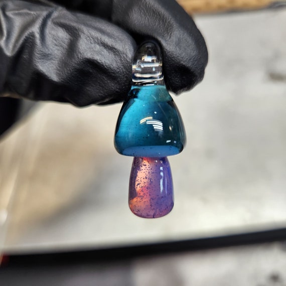 Stardust Mushroom Pendant Necklace – Blue Glitter Cap & Purple Slime Stem – Suede Cord, Fairycore, Cottagecore Jewelry